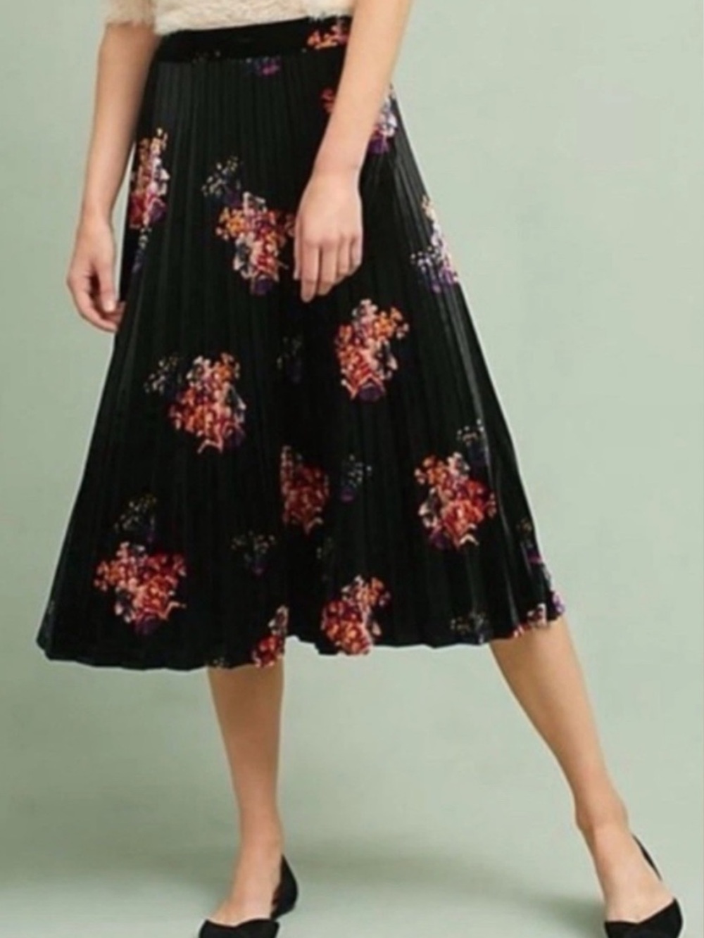 Maeve Velvet Black Floral Pleated Midi Skirt sz M